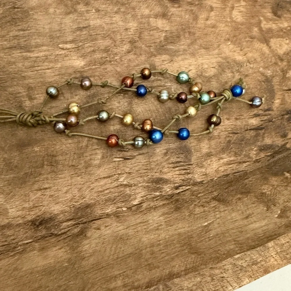 Multi-color, Multi-strand Pearl Necklace on Knotted Bracelet